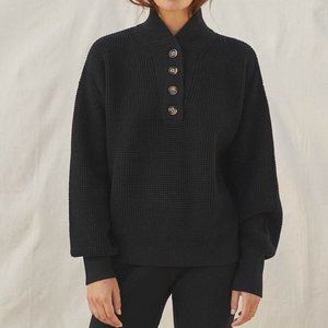 Lunya Cozy Cotton Silk Waffle Henley XS/S Black